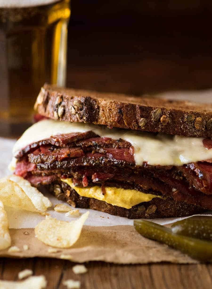 Griddled Rye Bread Sandwich with Pastrami, Swiss, and Pickled Onions