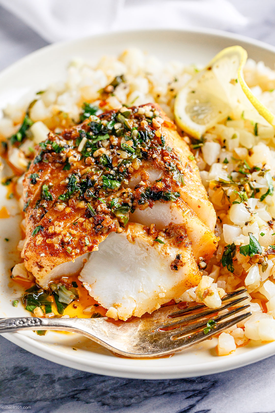 Baked Cod with Lemon-Garlic Herb Butter and Roasted Asparagus