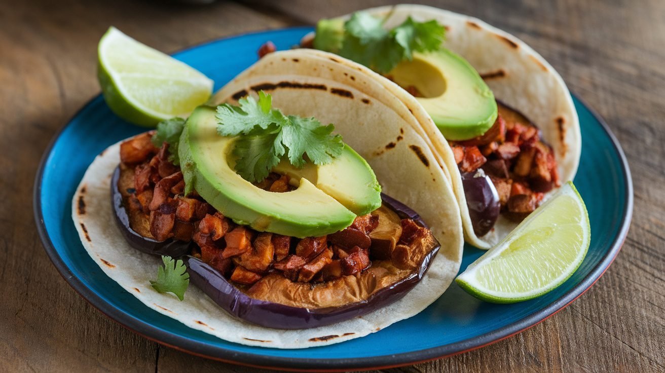 Stuffed Roasted Eggplant Tacos with Avocado Crema