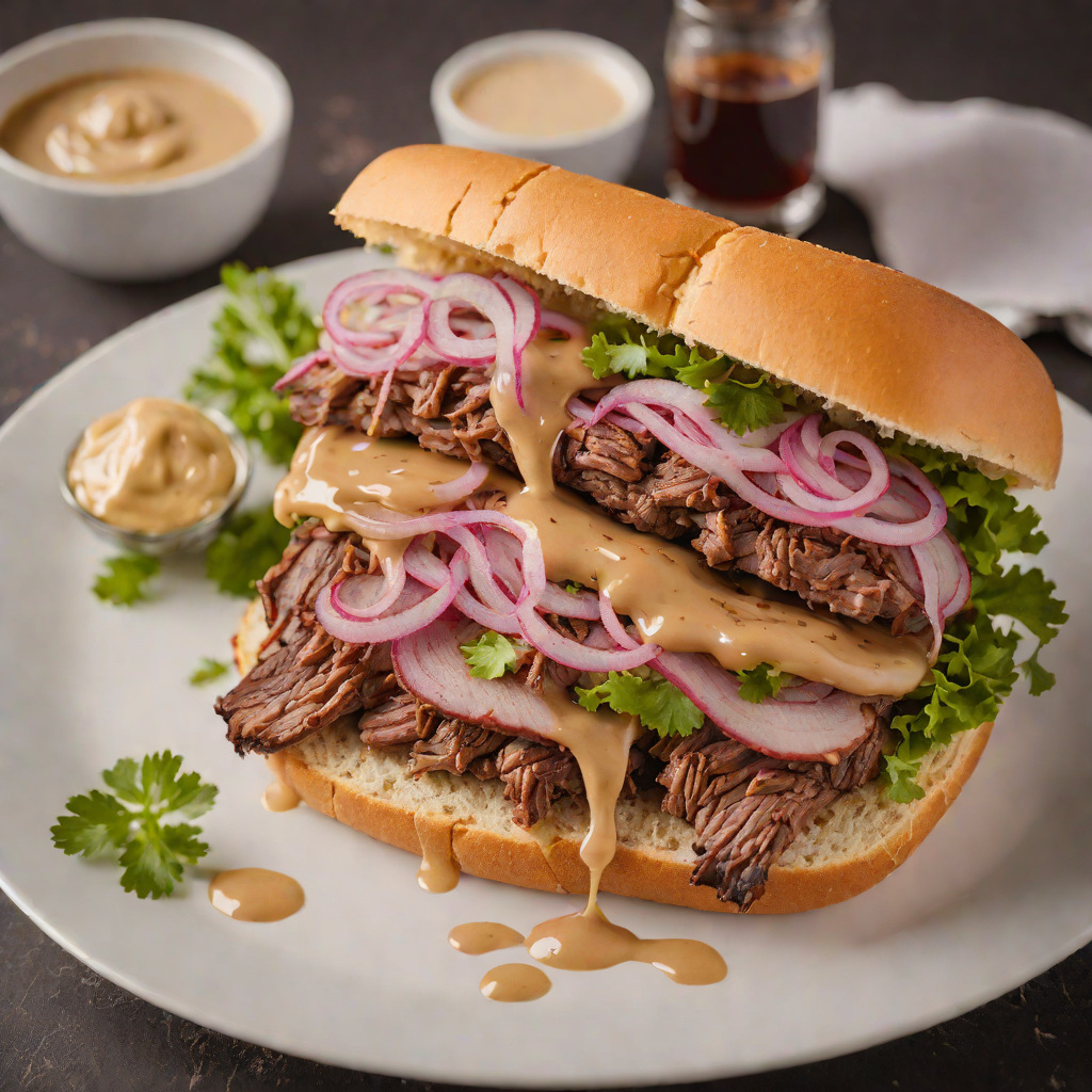 House-Smoked Brisket Sandwich with Pickled Onions and BBQ Aioli