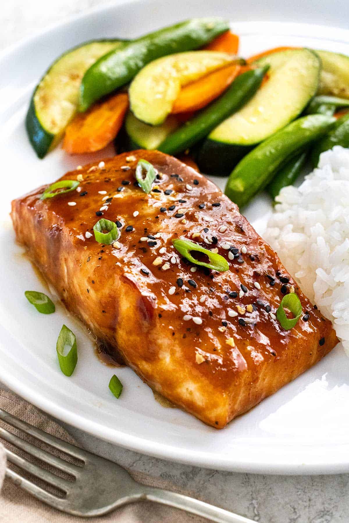 Miso-Glazed Salmon with Sesame Green Beans and Jasmine Rice