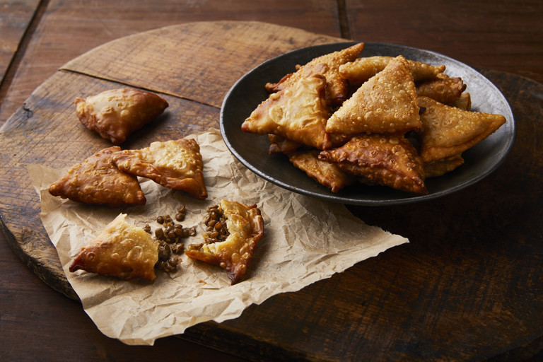 Injera-Crusted Lentil Sambusas with Berbere Yogurt Dip