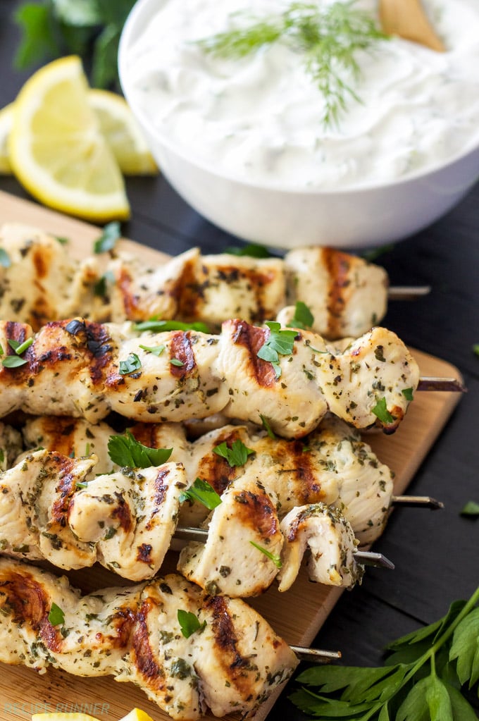 Grilled Lemon-Oregano Chicken Skewers with Tzatziki Dip