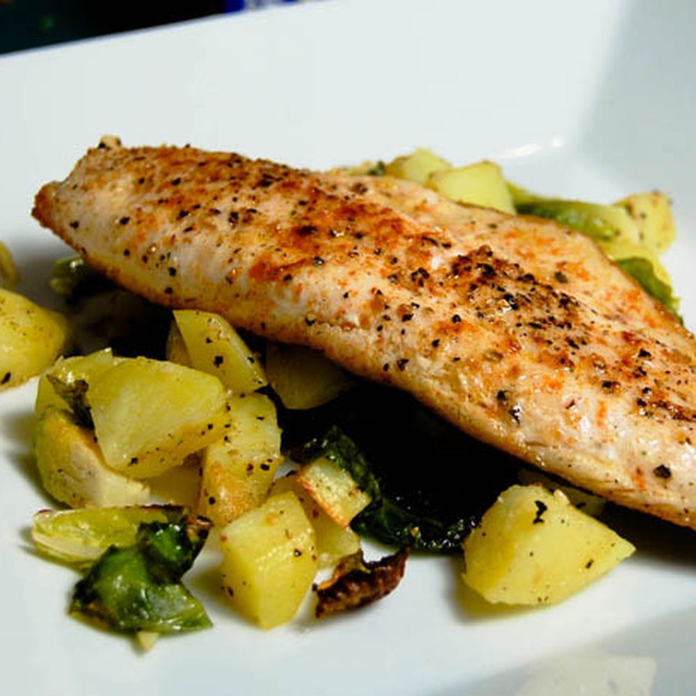Pan-Seared Trout with Maple Glaze and Roasted Root Vegetables