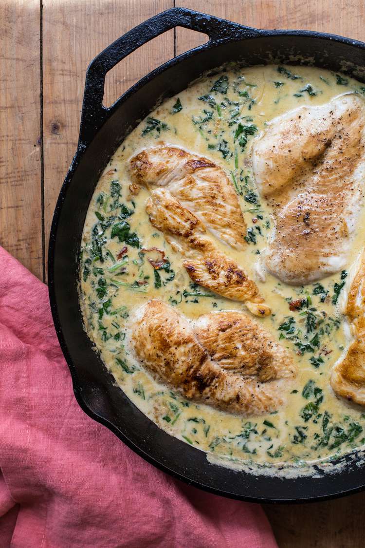 Pan-Seared Chicken with Mustard Cream Sauce and Wilted Spinach