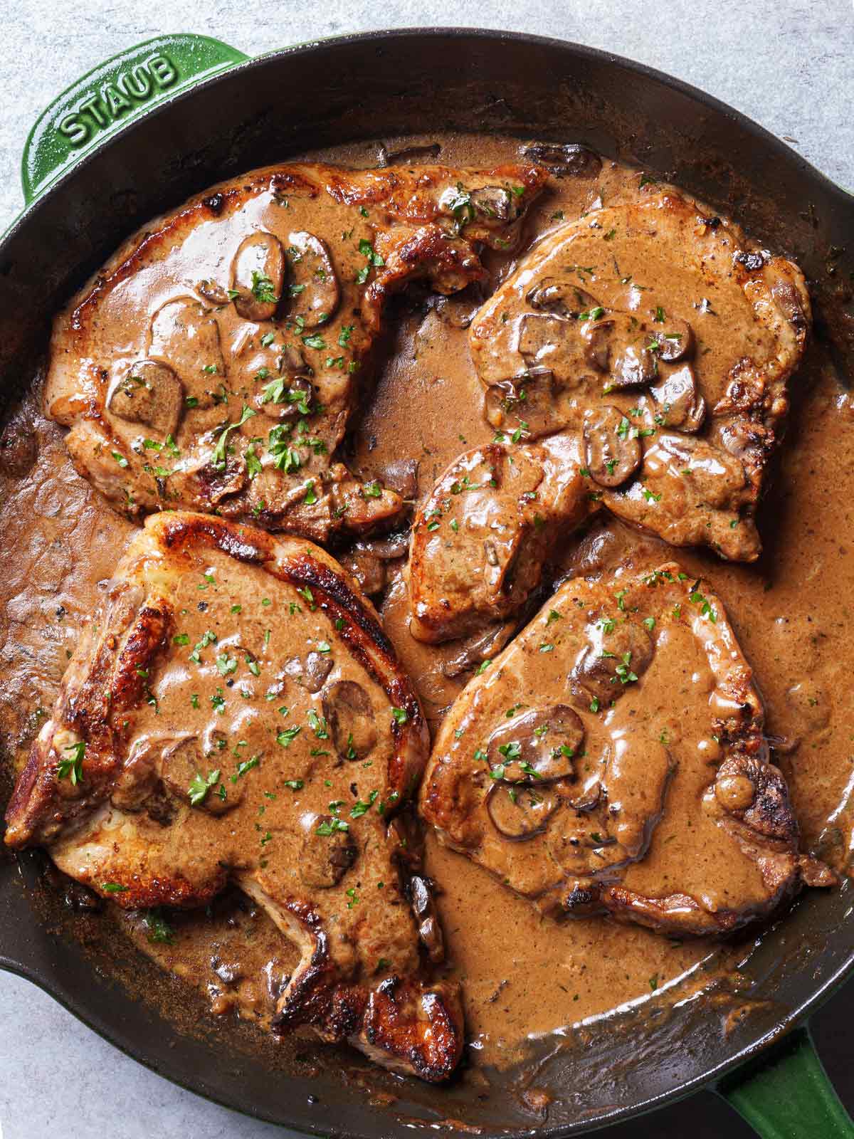 Pan-Seared Pork Chops with Roasted Mushroom Ragout