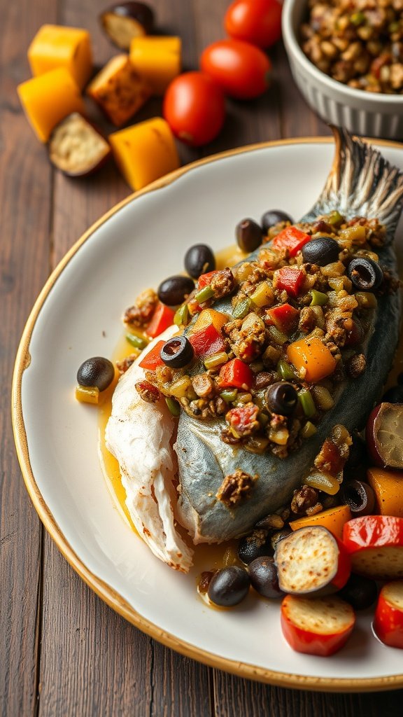 Lemon-Oregano Roasted Greek Sea Bass with Olive Tapenade