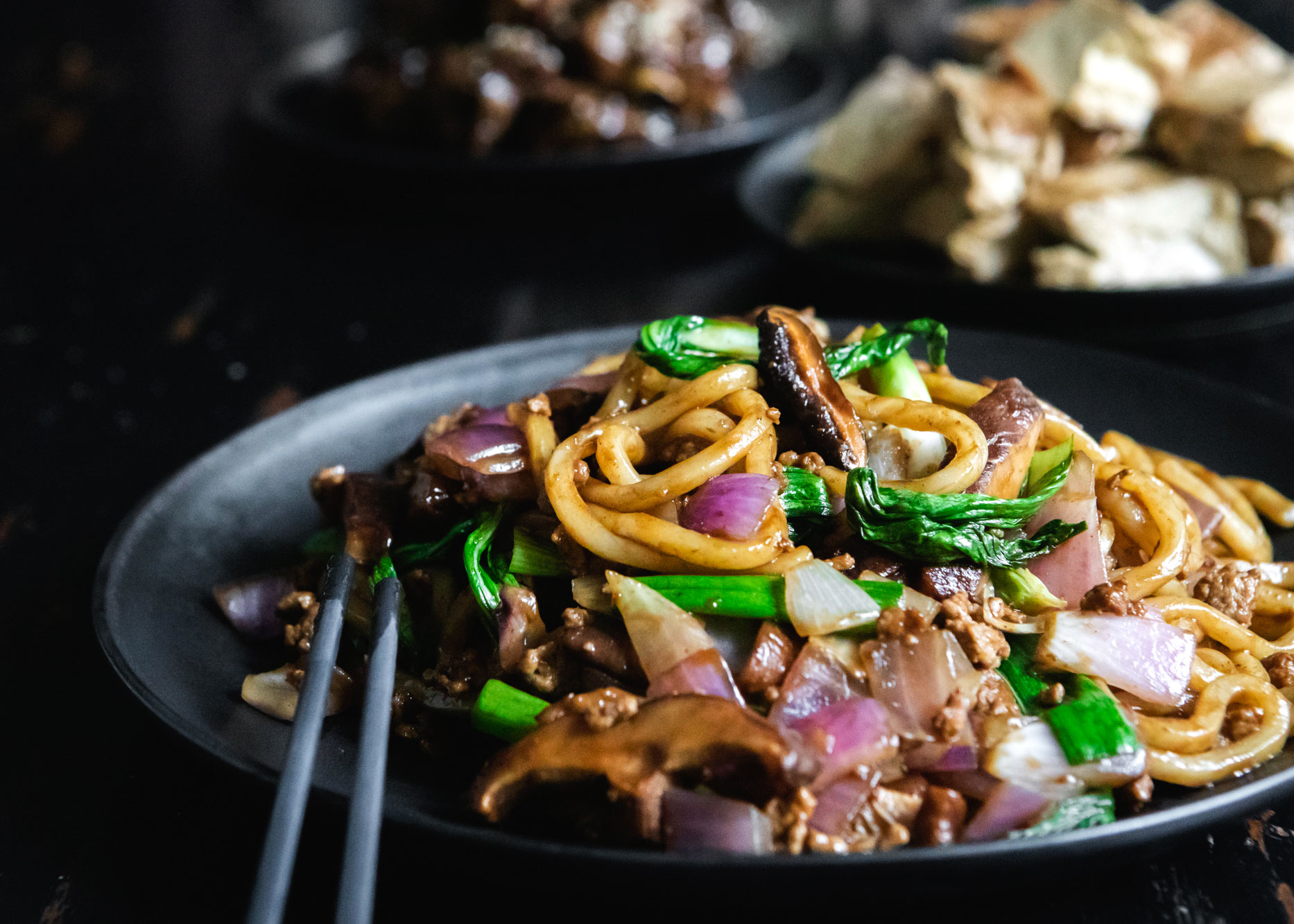 Stir-Fried Udon Noodles with Shiitake Mushrooms and Baby Bok Choy