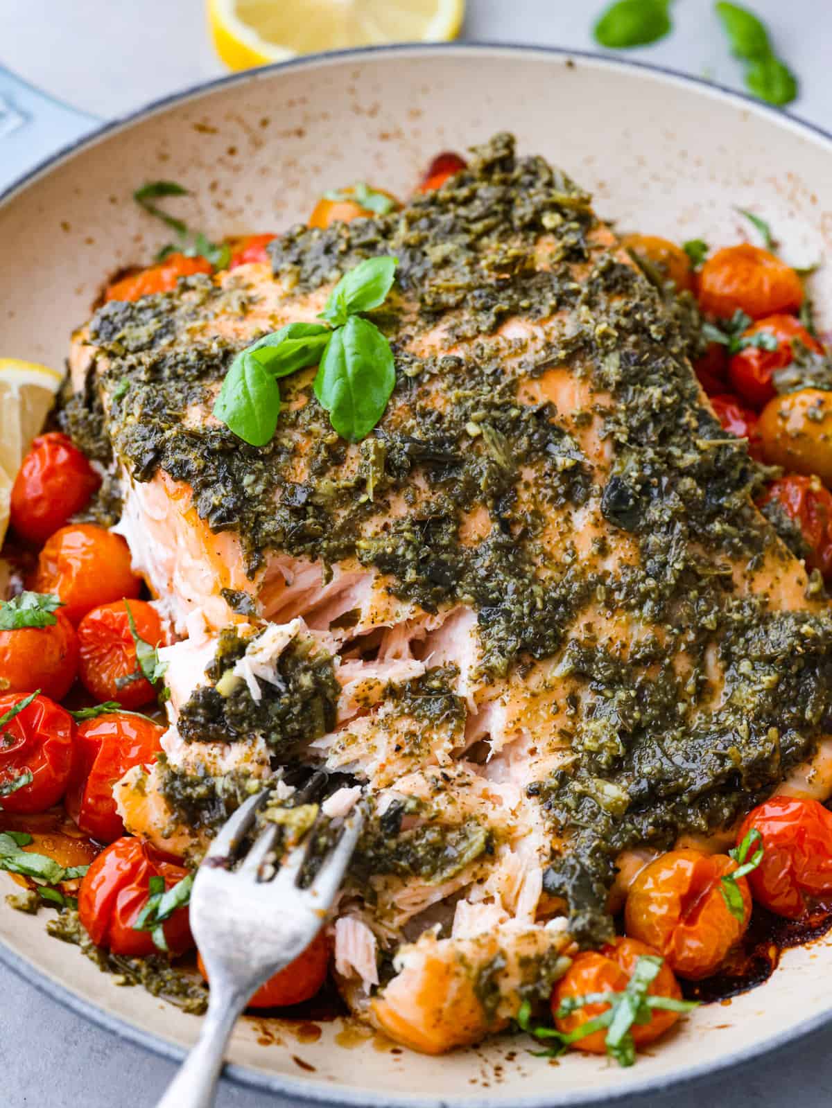 Pan-Roasted Salmon with Basil Pesto and Blistered Cherry Tomatoes