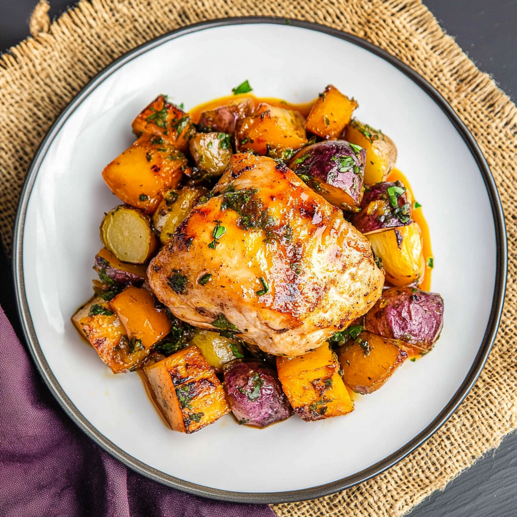 Pan-Seared Chicken with Maple Mustard Glaze and Roasted Root Vegetables