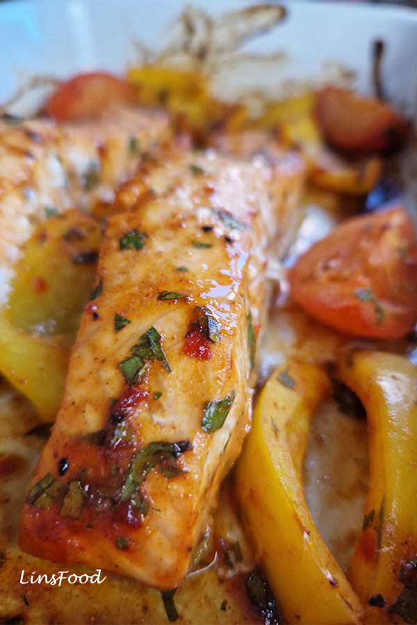 Sheet Pan Harissa-Glazed Salmon with Roasted Chickpeas