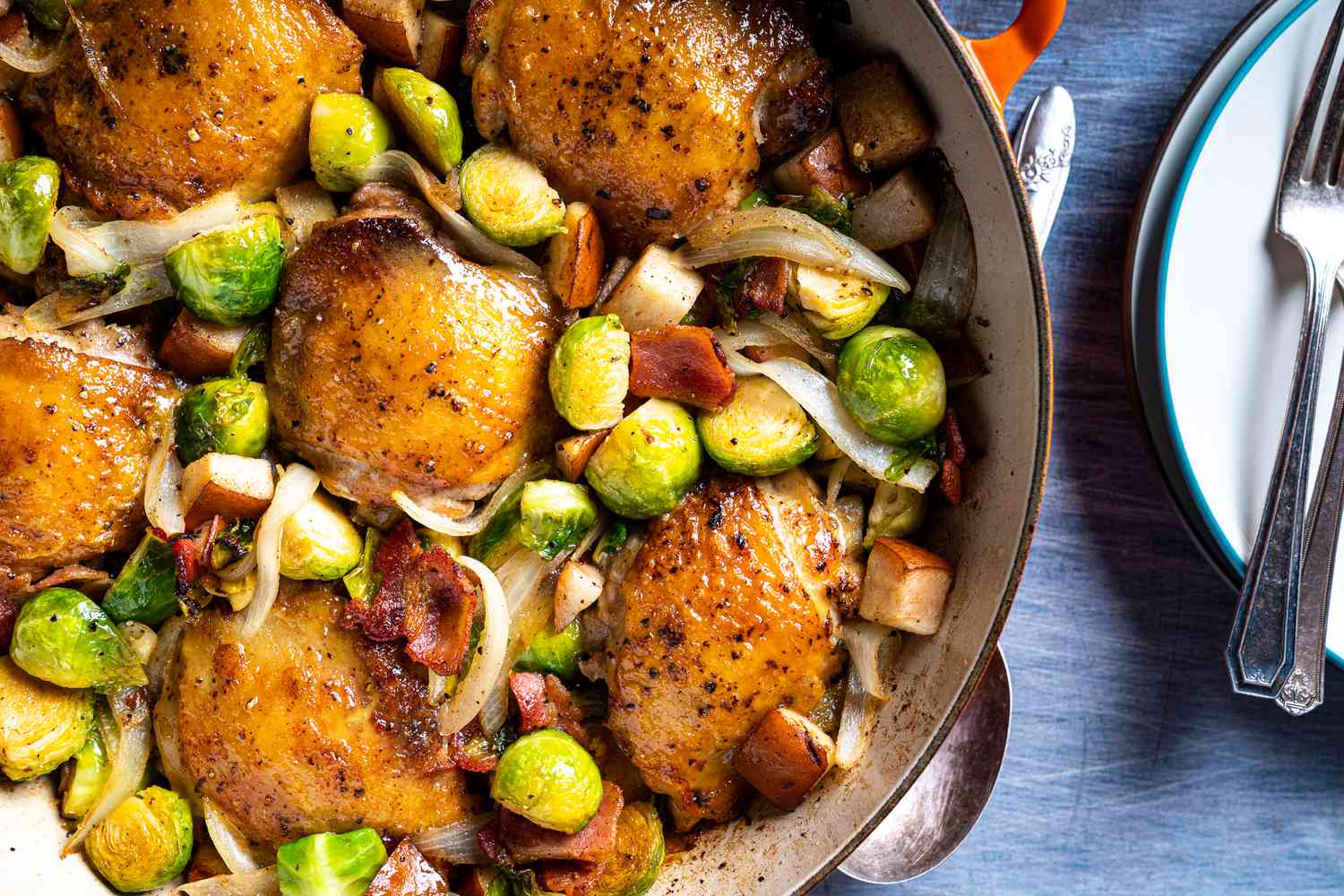 Pan-Seared Chicken Thighs with Roasted Brussels Sprouts and Sweet Potato