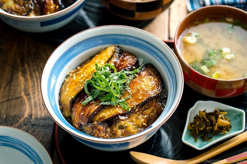Seared Miso-Glazed Eggplant Donburi with Scallions and Sesame