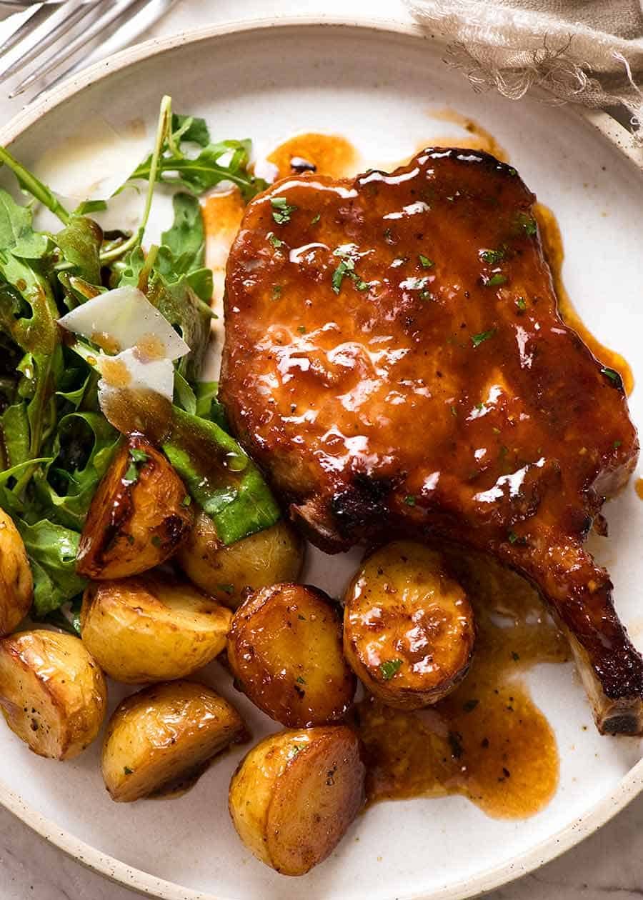 Pan-Seared Pork Chops with Peach-Bourbon Glaze and Thyme