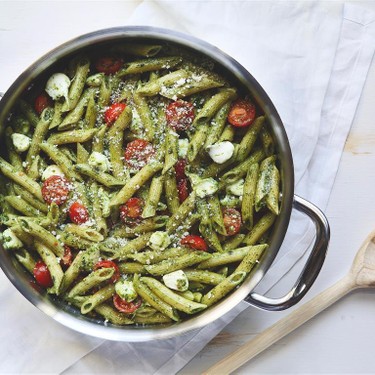 Baked Pesto Penne with Roasted Cherry Tomatoes and Mozzarella