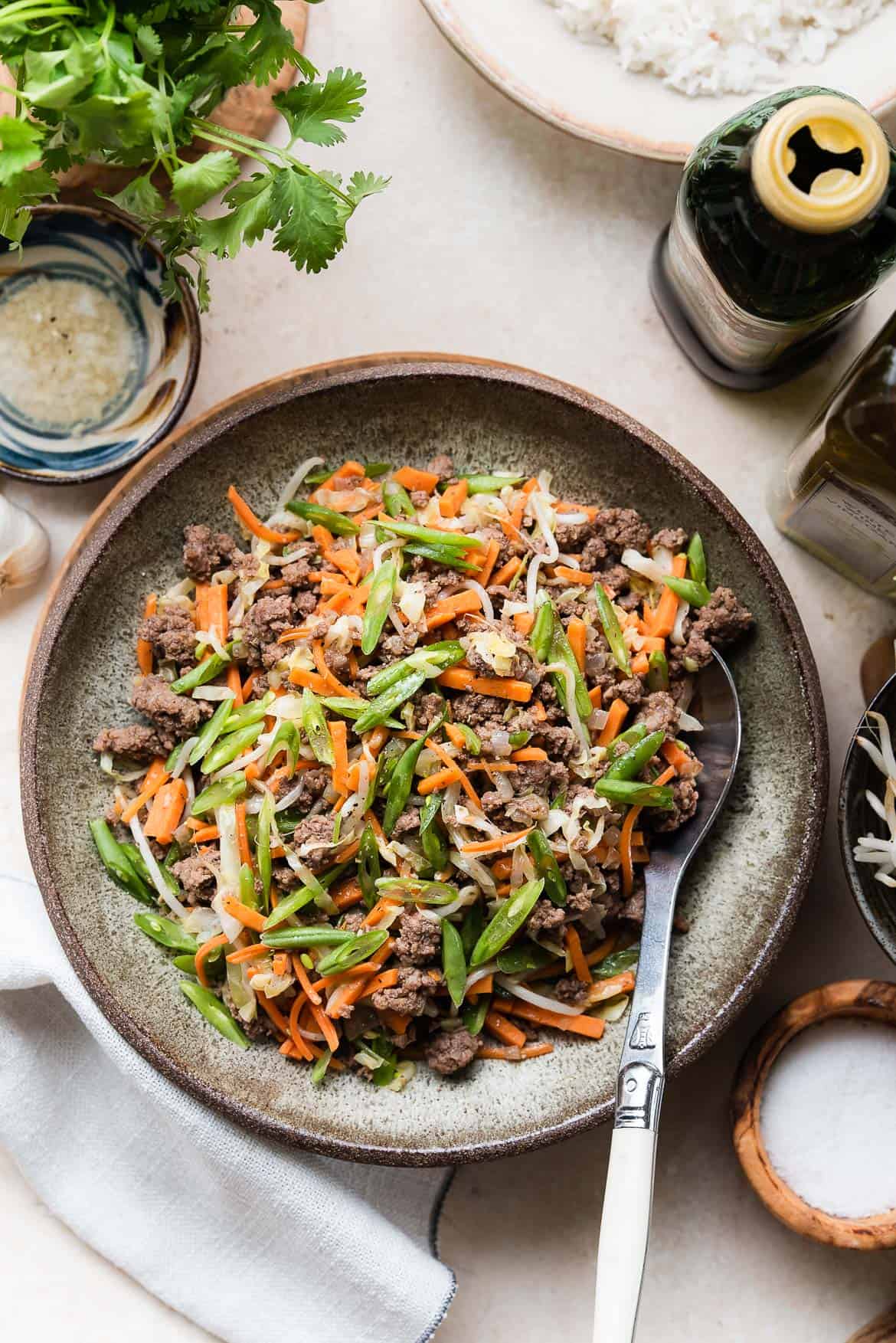 Lumpiang Shanghai Egg Roll Bowl with Ground Pork and Vegetables
