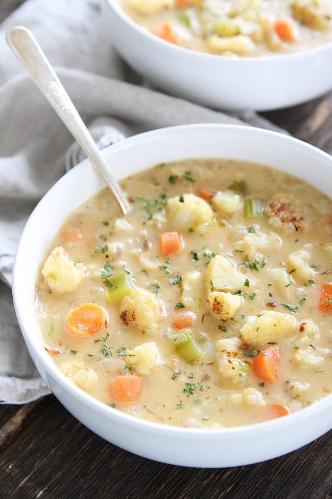 Creamy Cauliflower Chowder with Bacon and Cheddar