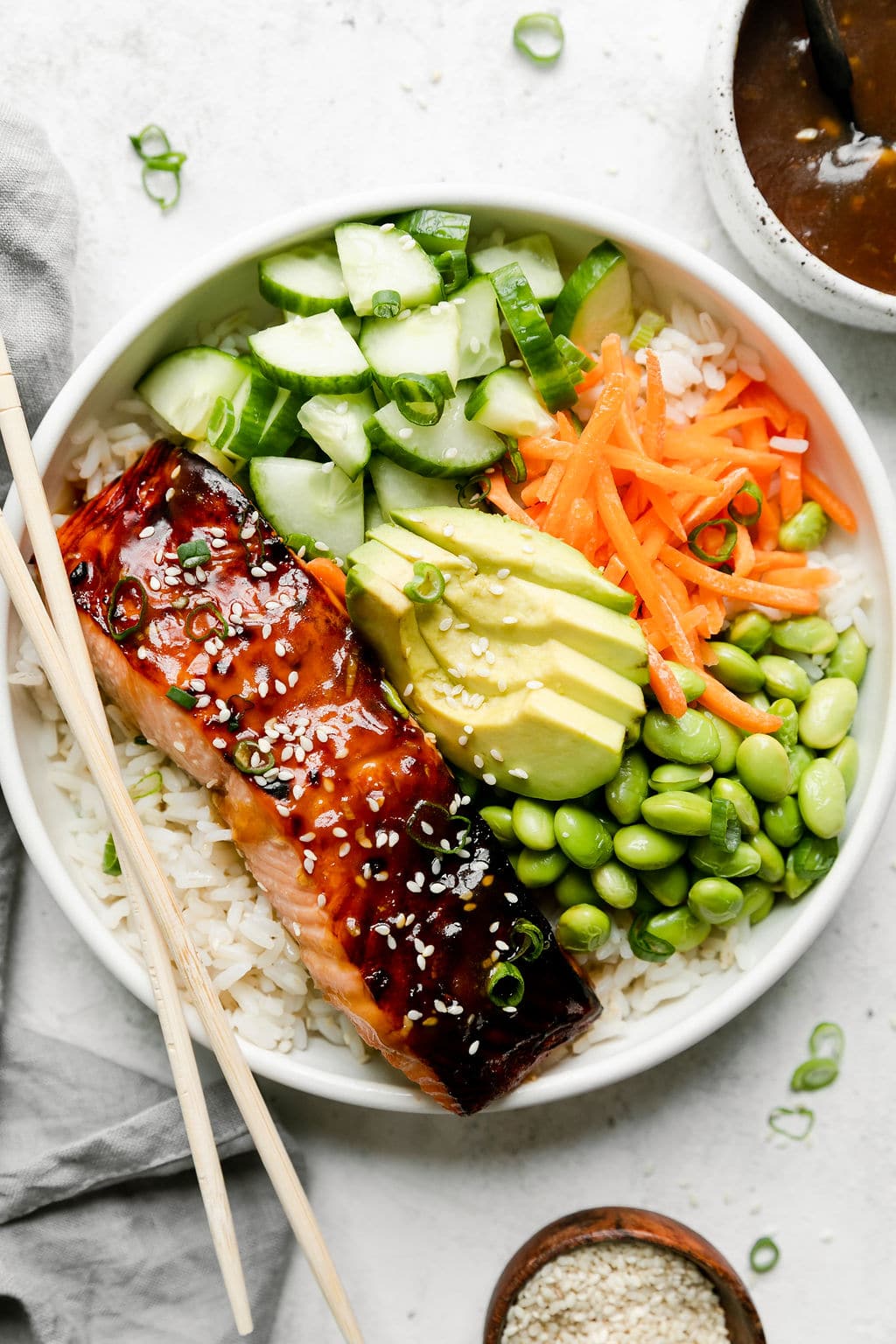 Sticky Teriyaki Salmon with Scallion Rice Bowl