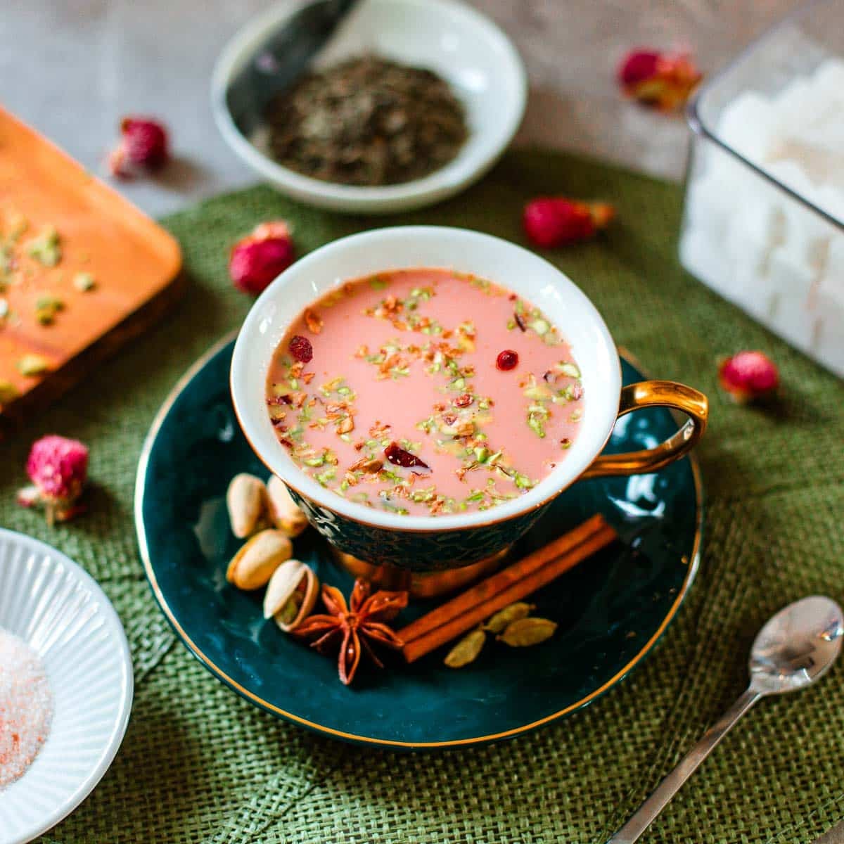 Kashmiri Noon Chai with Pink Salt and Pistachios