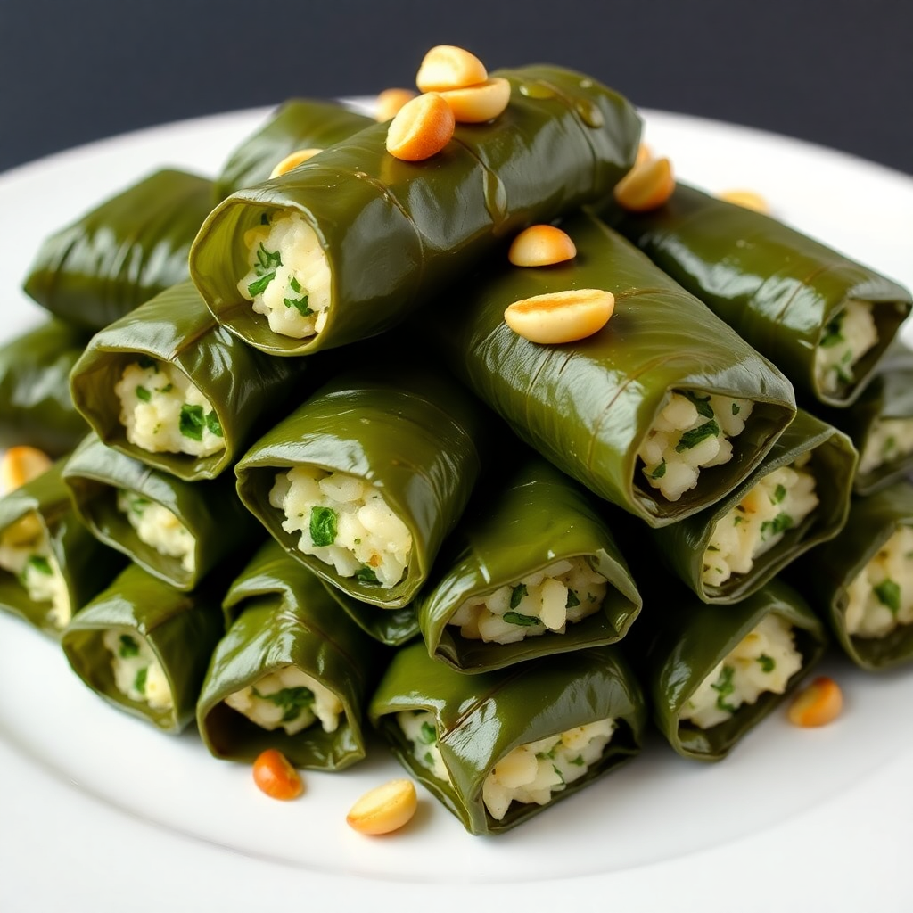 Stuffed Vine Leaves with Rice, Pine Nuts, and Fresh Dill