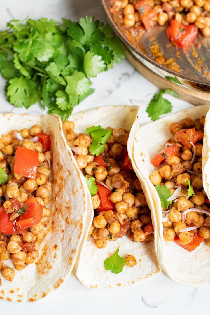 Pan-Seared Bell Pepper and Chickpea Tacos with Cilantro Lime Sauce