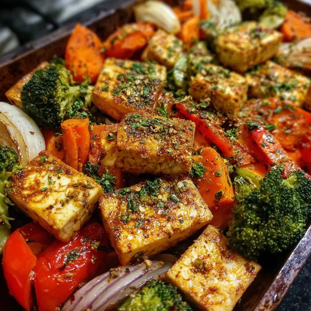 Roasted Tofu and Vegetable Sheet Pan with Garlic Herb Tahini