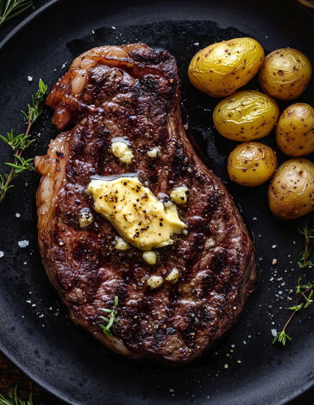 Grilled Kansas City Strip Steak with Charred Garlic Butter