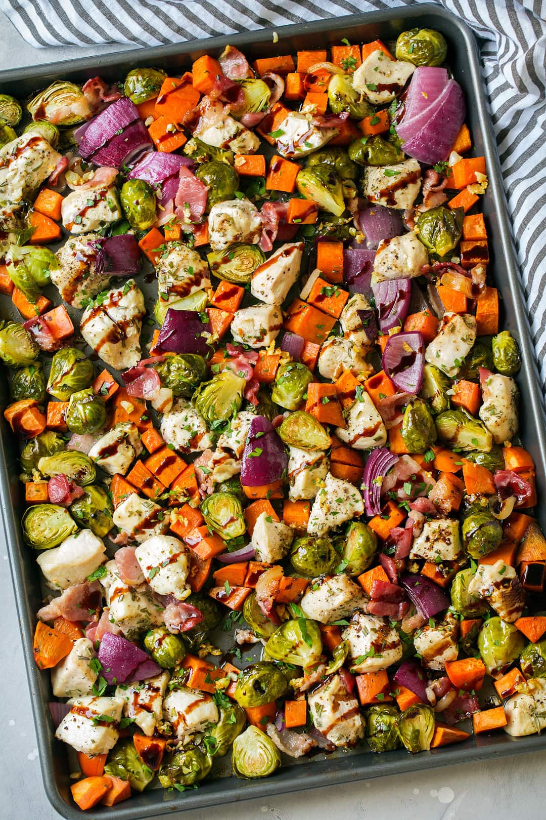 Sheet Pan Herb-Roasted Chicken with Sweet Potatoes and Brussels Sprouts