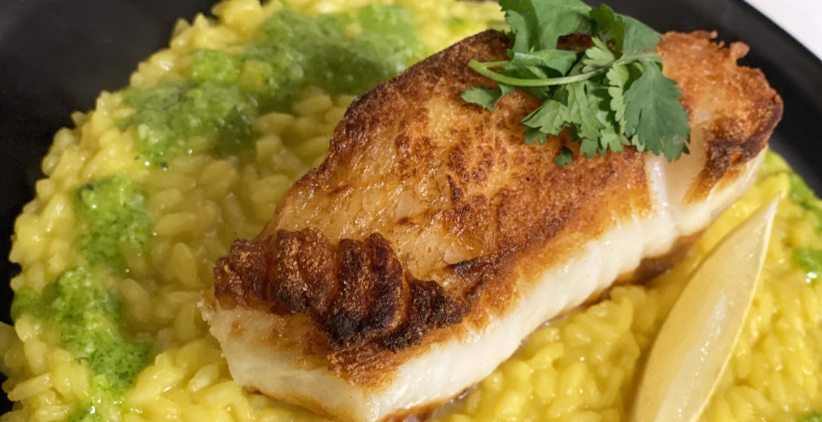 Pan-Seared Regional Sea Bass with Saffron-Infused Rice