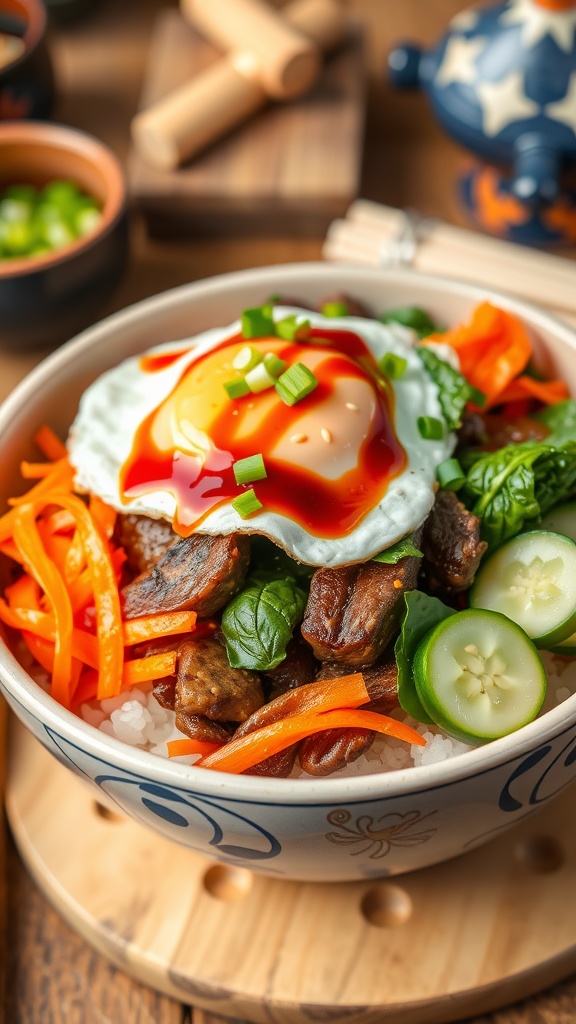 Spicy Korean-Style Beef Bibimbap with Sesame-Garlic Sauce