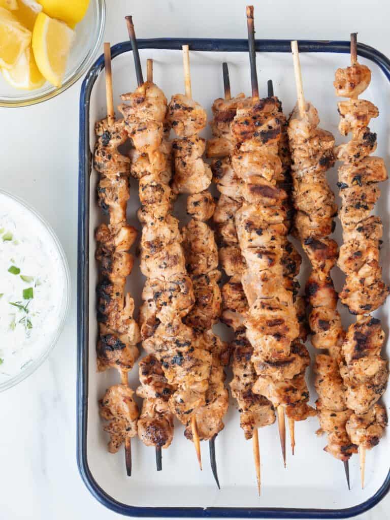 Gin and Tonic Marinated Chicken Skewers with Cucumber Yogurt Sauce