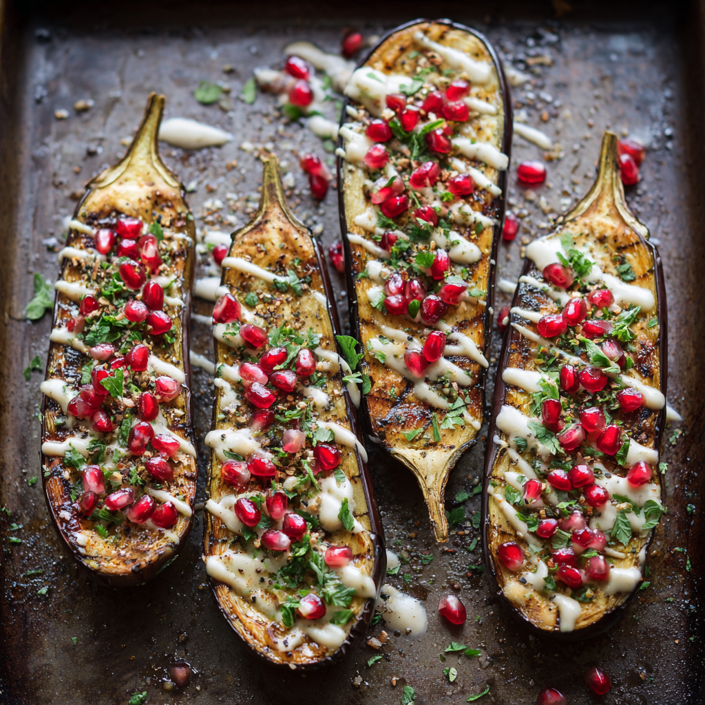 Slow-Roasted Eggplant with Tahini and Pomegranate Molasses