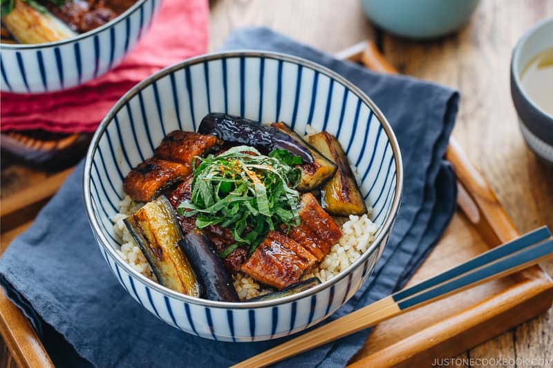 Miso-Glazed Eggplant Donburi with Tofu and Rice