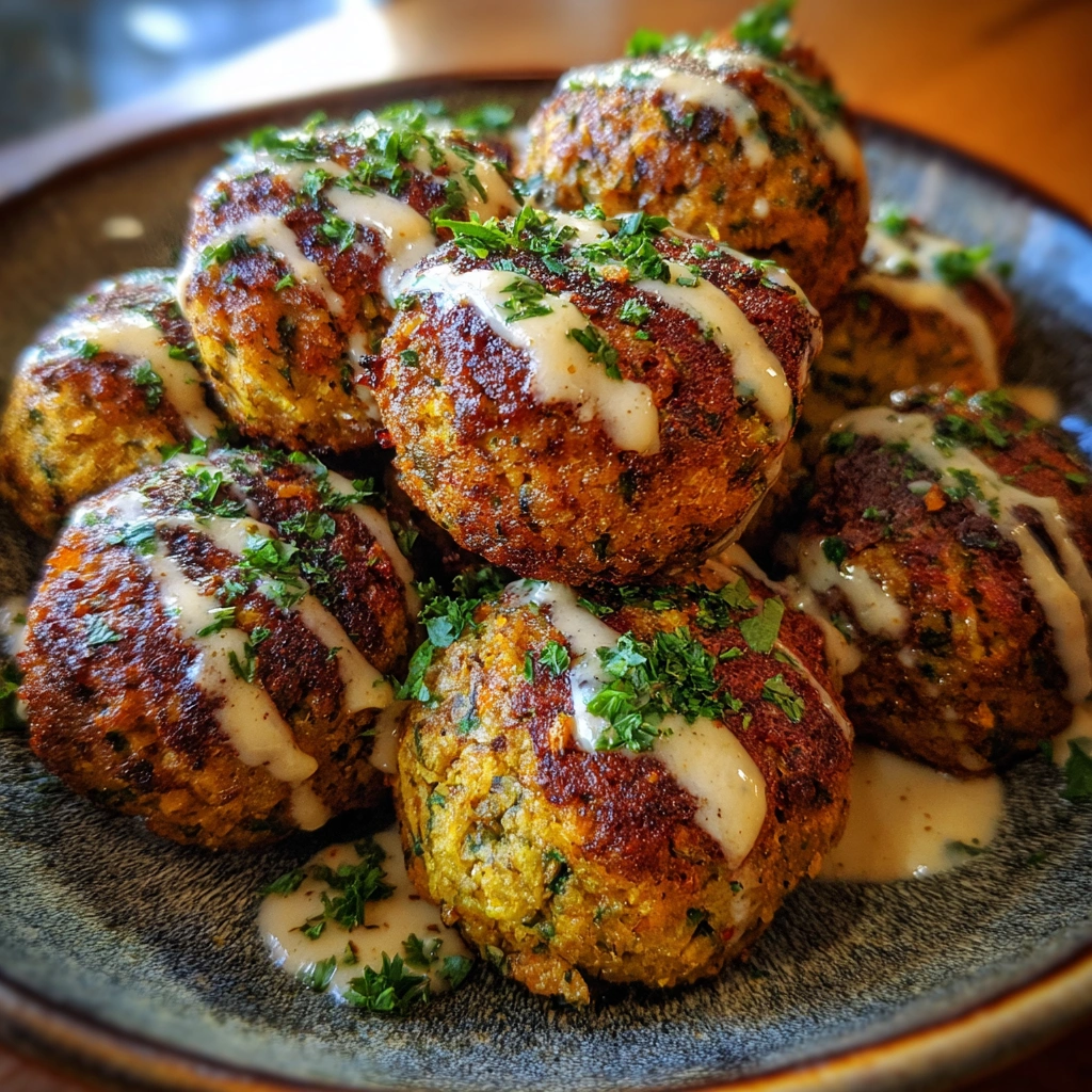 Baked Chickpea Falafel with Tahini Drizzle and Pickled Turnips