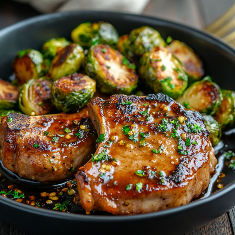 Maple-Glazed Pork Chops with Roasted Brussels Sprouts and Apple Slices