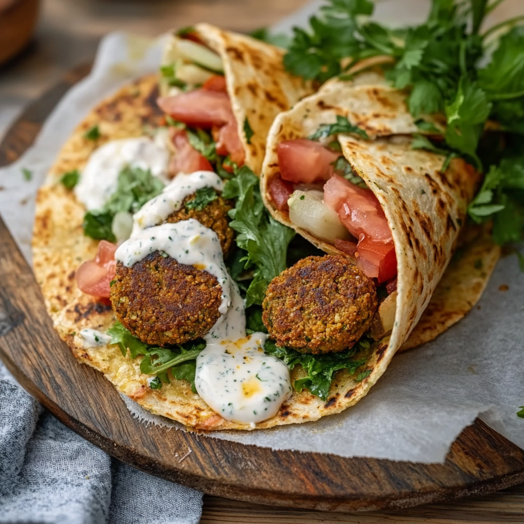 Chickpea and Tahini Falafel Wrap with Garlic Yogurt Sauce