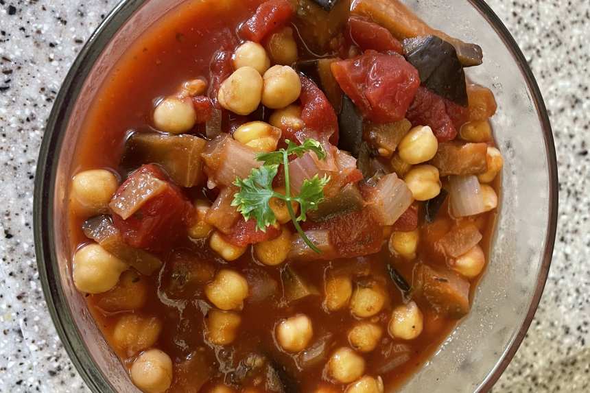 Lebanese Chickpea and Eggplant Stew with Tomato and Garlic