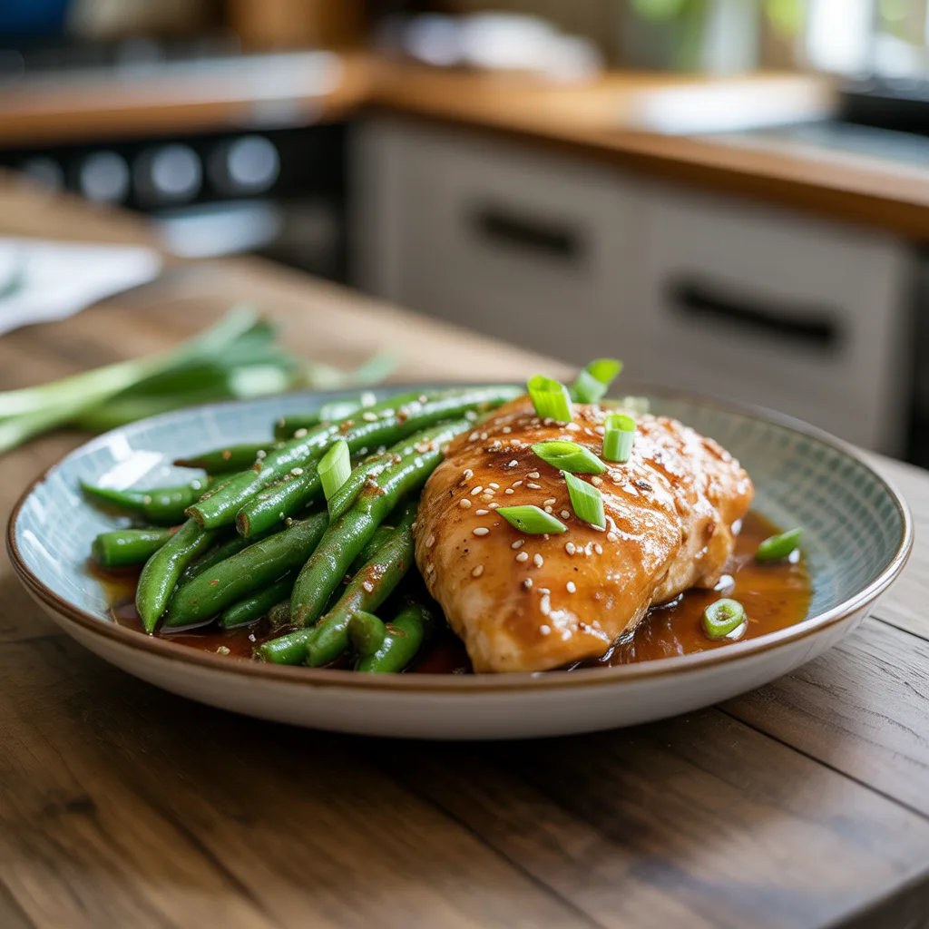 Pan-Seared Chicken with Honey-Mustard Glaze and Garlic Green Beans