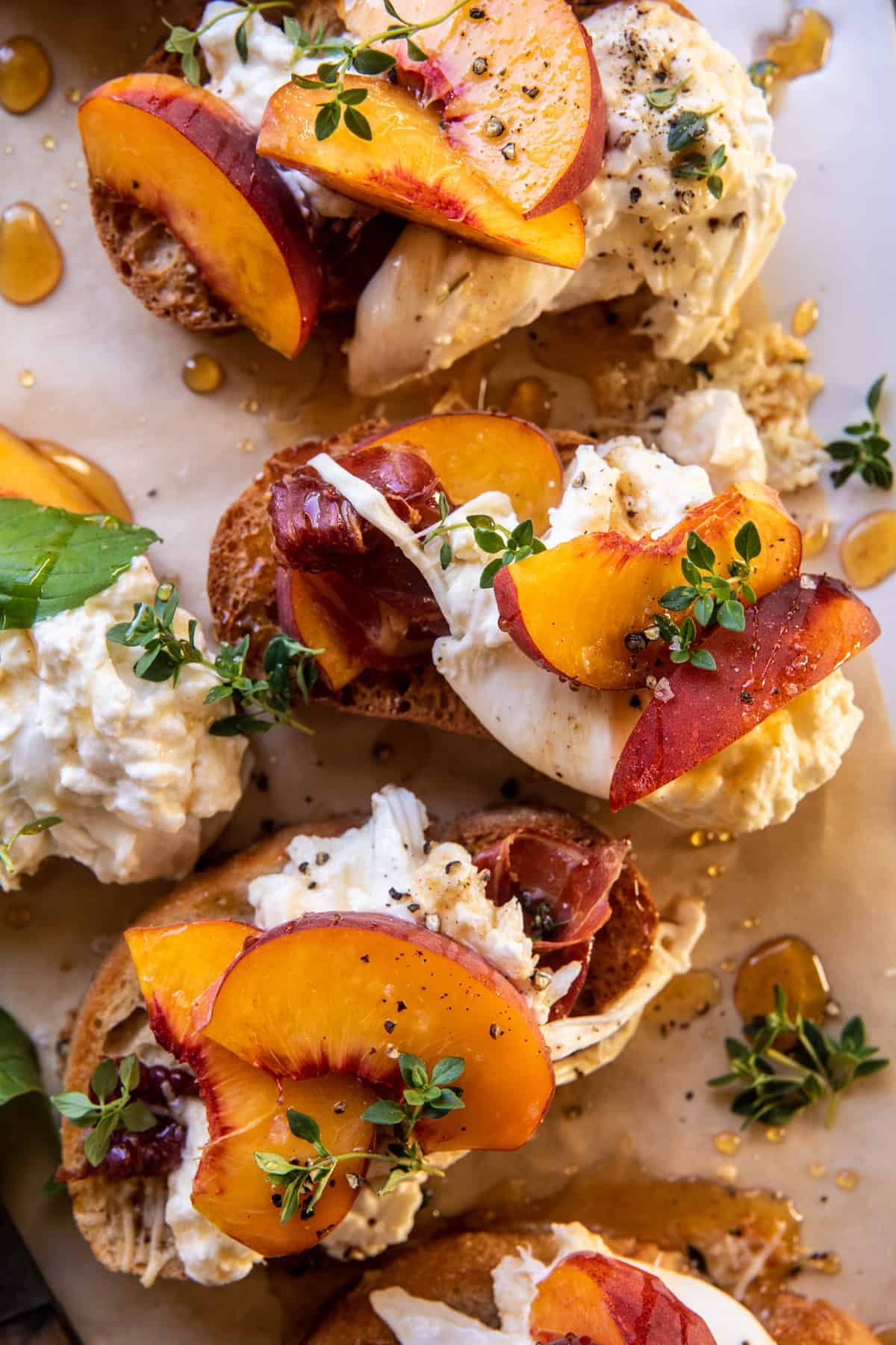 Roasted Peach and Burrata Crostini with Honey and Thyme