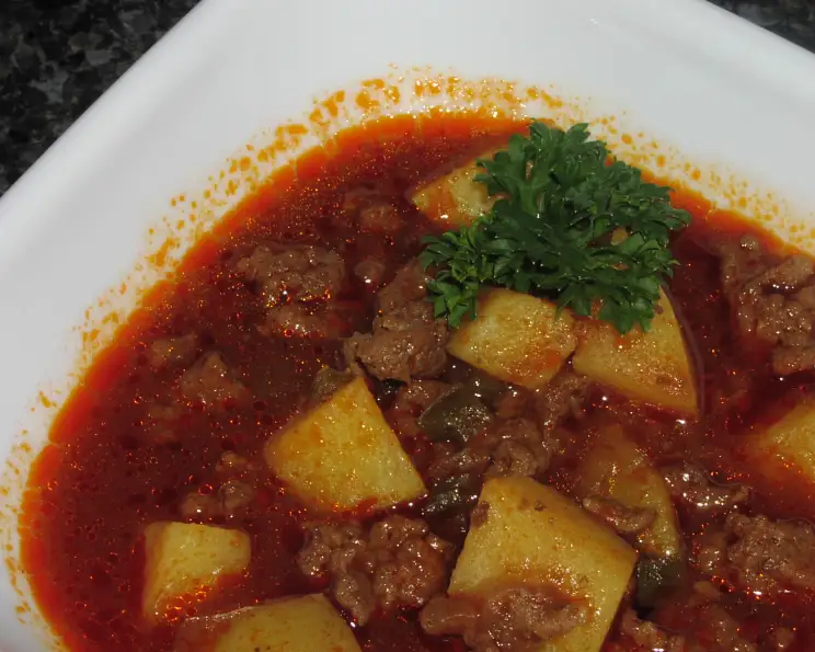 Lebanese Potato and Beef Stew with Spiced Tomato Sauce