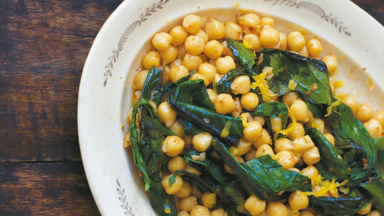 Dandelion Greens & Lemon Dressing with Crispy Chickpeas