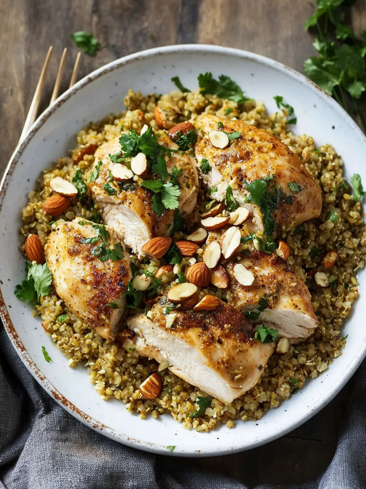 Slow-Cooked Chicken with Freekeh and Toasted Almonds