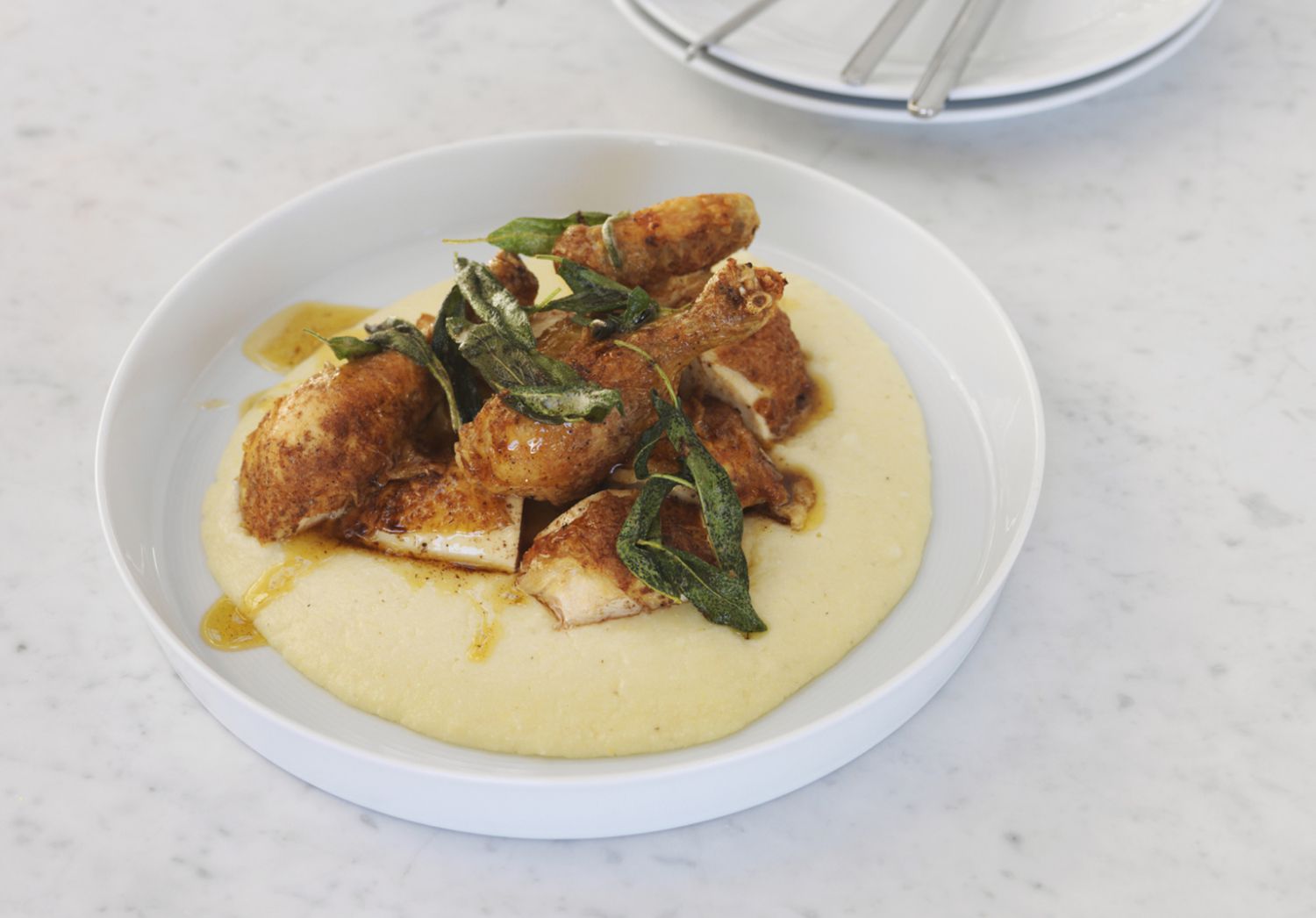 Buttermilk-Braised Chicken with Sauteed Greens and Grits