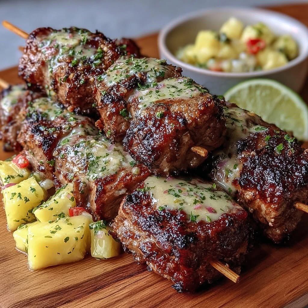 Charred Caribbean Jerk Pork Skewers with Pineapple Salsa