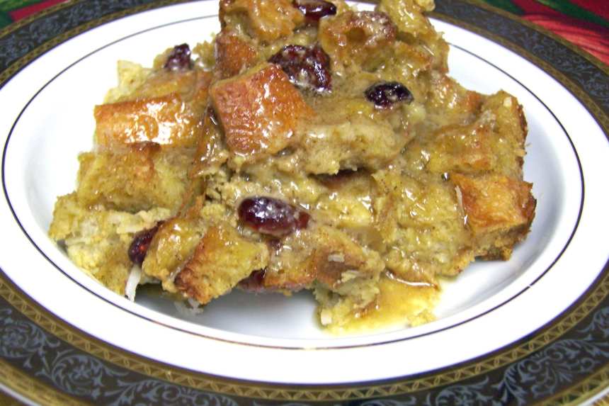 Caribbean Coconut Rum Bread Pudding with Spiced Pineapple Sauce