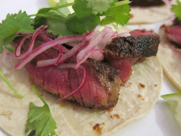 Spiced Beef and Pinto Bean Tacos with Pickled Red Onions