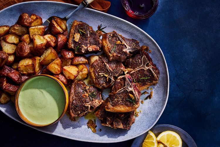 Pan-Seared Lamb Chops with Tzatziki and Lemon-Roasted Potatoes