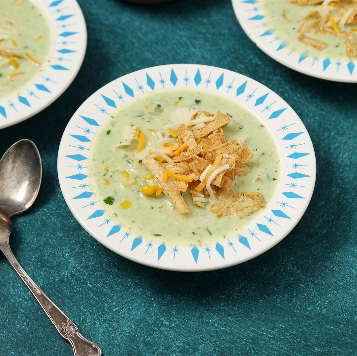Fire-Roasted Poblano and Corn Soup with Cilantro Lime Cream