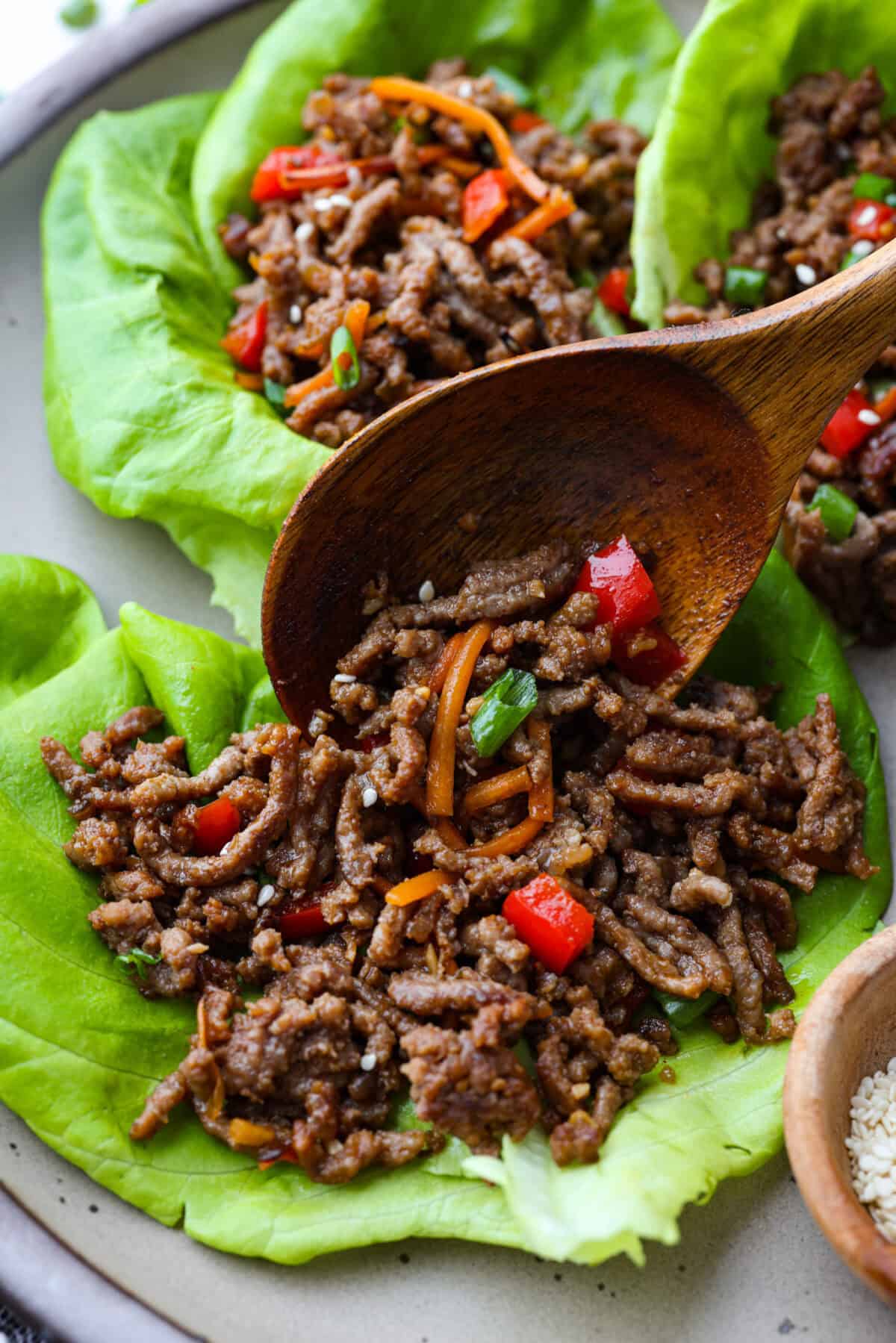 Air Fryer Korean BBQ Beef Lettuce Wraps with Gochujang Sauce