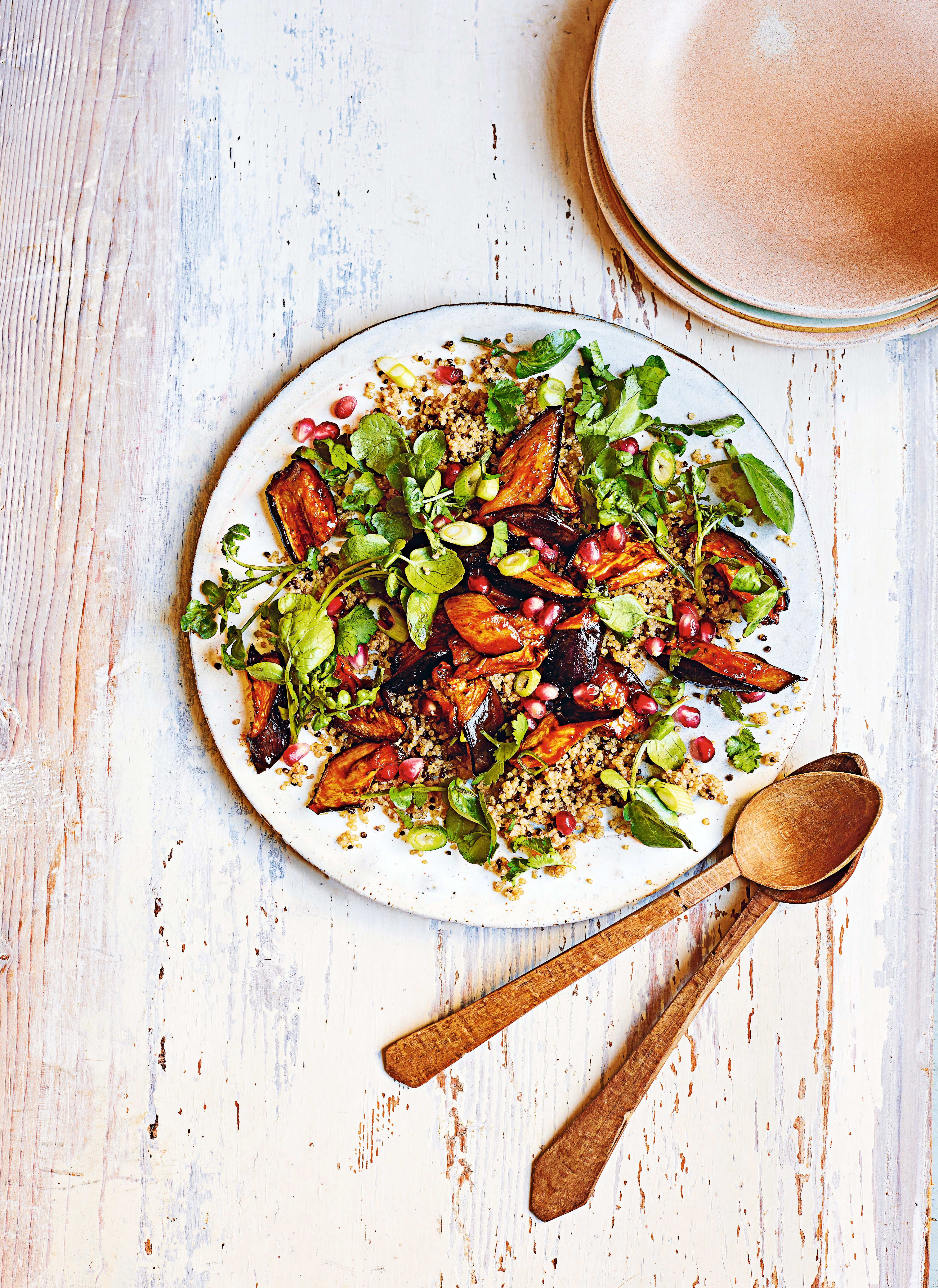 Harissa-Smoked Eggplant with Quinoa and Pomegranate